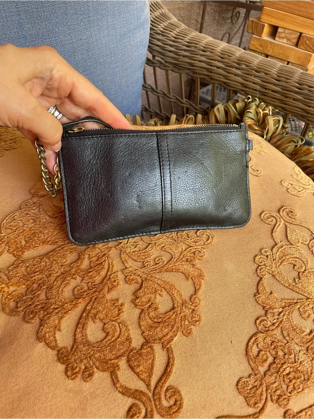 COACH Black Leather Wristlet with Gold Chain Detail
